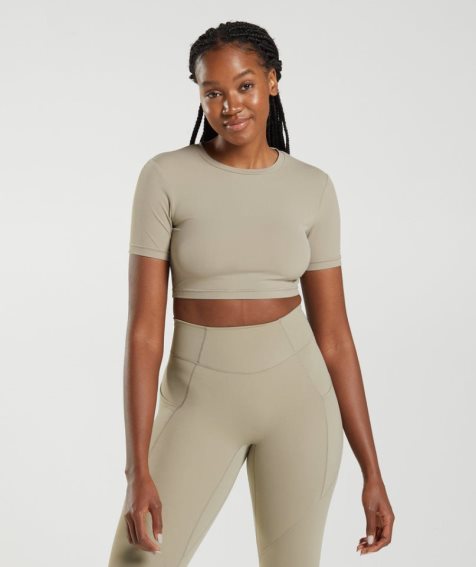 Women's Gymshark Whitney Short Sleeve Cropped Tops Khaki | NZ 3CKBHS